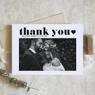 Cartão De Agradecimento Casamento com Foto do Coração Negro com Tipografia