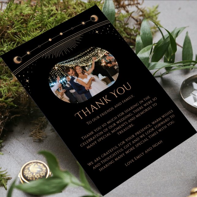 Cartão De Agradecimento Casamento com Foto Dourada Estrela Negra Mística (Criador carregado)