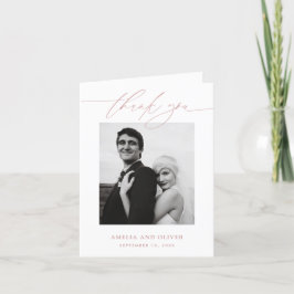 Cartão De Agradecimento Casamento com Foto e Letra Minimalista Rosa Empoei