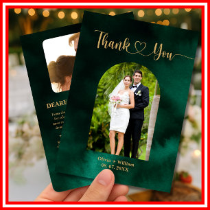 Cartão De Agradecimento Casamento com Foto em Verde Esmeralda e Dourado