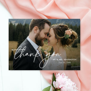 Cartão De Agradecimento Casamento com Foto Manuscrita Simples e Elegante M