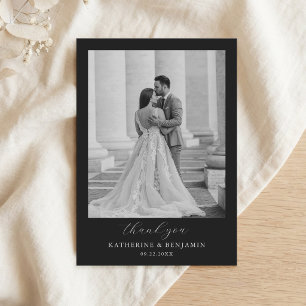 Cartão De Agradecimento Casamento com Foto Minimalista Preta Moderna