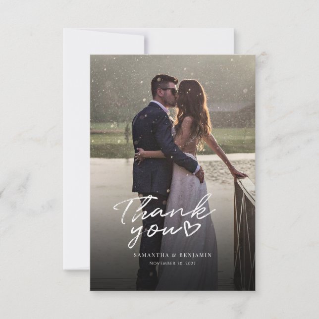 Cartão De Agradecimento Casamento com Foto Moderna e Letras à Mão (Frente)