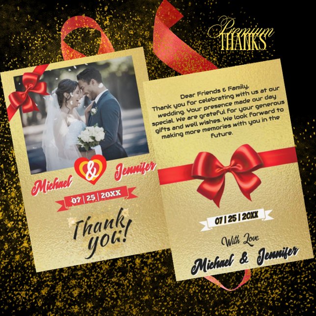 Cartão De Agradecimento Casamento com Foto Personalizada Elegante Fita Ver (Criador carregado)