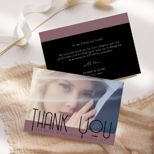 Cartão De Agradecimento Casamento com Foto Preto e Roxo Simples