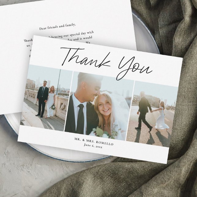 Cartão De Agradecimento Casamento com Foto Simples Script Moderno 3 (Modern Script Wedding 3 Photo Thank You Cards.)