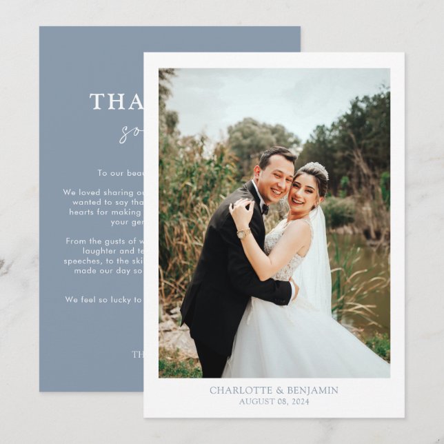 Cartão De Agradecimento Casamento com Fotografia de Script Azul Dusty Chic (Frente/Verso)