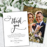 Cartão De Agradecimento Casamento com Fotografias do Script Bohemian da Ca<br><div class="desc">Cartões de agradecimentos De Casamento Fotográfico De Caligrafia Whimsical Moderna. modelo na moda de obrigado de casamento com uma foto vertical de cheio, o texto "Obrigado" em uma letra branca e suave tipografia com letras maiúsculas de branco e preto. Placa de dois lados com obrigado pré-feito que você envia uma...</div>