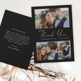 Cartão De Agradecimento Casamento com Fotografias do Script Dourado Modern