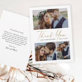 Cartão De Agradecimento Casamento com Fotografias do Script Dourado Modern