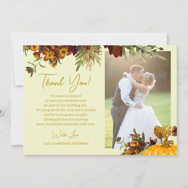 Cartão De Agradecimento Casamento com fotos de dourado floral da queda rus (Frente)