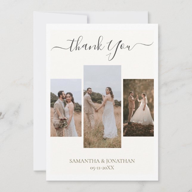 Cartão De Agradecimento Casamento com fotos do Simples Elegante Modern Scr (Frente)