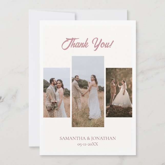 Cartão De Agradecimento Casamento com fotos do Simples Elegante Modern Scr (Frente)