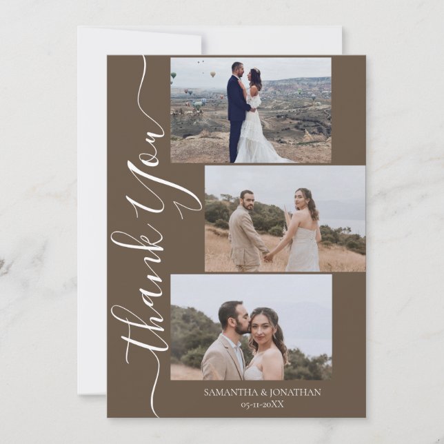 Cartão De Agradecimento Casamento com fotos do Simples Elegante Modern Scr (Frente)