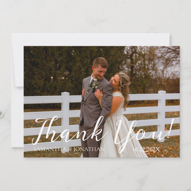 Cartão De Agradecimento Casamento com fotos do Simples Elegante Modern Scr (Frente)