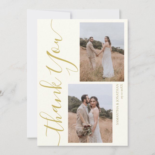 Cartão De Agradecimento Casamento com fotos do Simples Elegante Modern Scr (Frente)