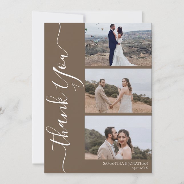 Cartão De Agradecimento Casamento com fotos do Simples Elegante Modern Scr (Frente)