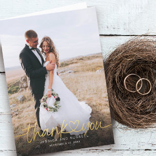 Cartão De Agradecimento Casamento com Fotos Douradas de Coração com Script