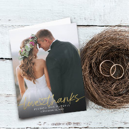 Cartão De Agradecimento Casamento com Fotos e Letra Dourada em Script com