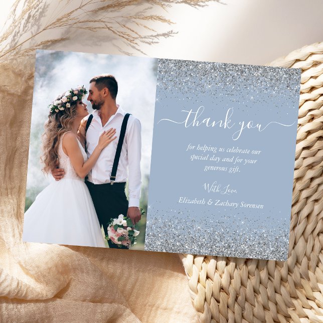 Cartão De Agradecimento Casamento com Glitter Azul de Silver com Foto Pers (Criador carregado)