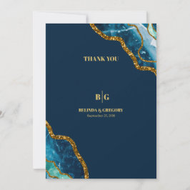 Cartão De Agradecimento Casamento com Glitter de Geodo Agato Azul e Dourad