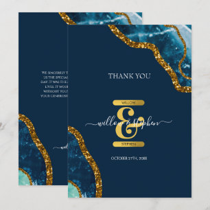 Cartão De Agradecimento Casamento com Glitter de Geodo Agato Azul e Dourad