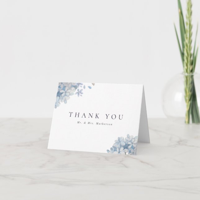Cartão De Agradecimento Casamento com Hydrangeas Azul Obrigado (Frente)