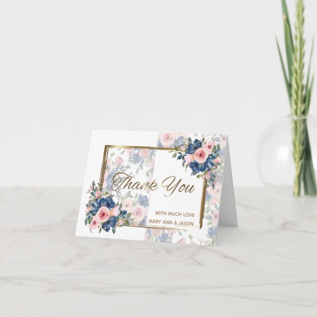 Cartão De Agradecimento Casamento com Marinho e Blush de Aquarela (Frente)