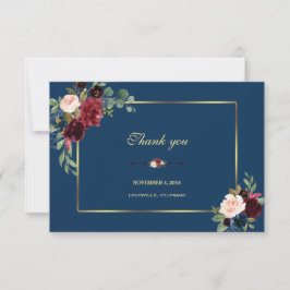 Cartão De Agradecimento Casamento com Moldura Dourada Floral Azul Marinho 