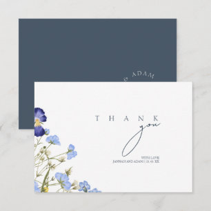 Cartão De Agradecimento Casamento com Monograma de Flor Silvestre Azul Arr