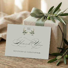 Cartão De Agradecimento Casamento com Monograma de Galho de Oliveira Verde