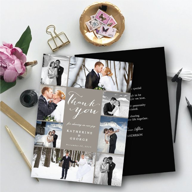 Cartão De Agradecimento Casamento com Na moda de Multifoto do Script Moder (Modern Classy Script 8 Multi Photo Collage Stylish Wedding Thank You Card @ fatfatin_blue_knot)