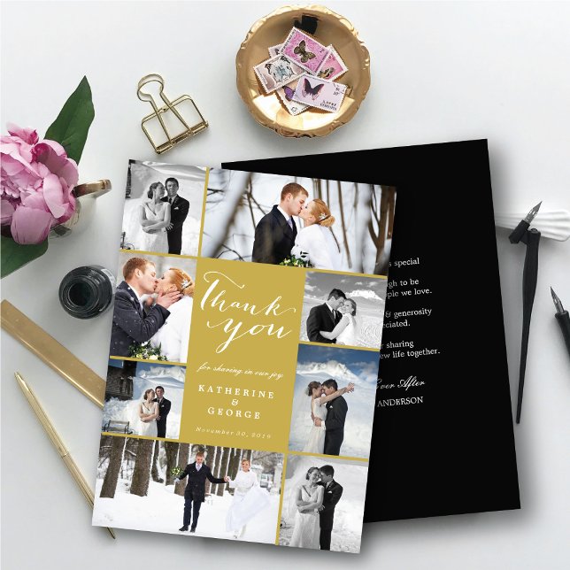 Cartão De Agradecimento Casamento com Na moda de Multifoto do Script Moder (Modern Classy Script 8 Multi Photo Collage Stylish Wedding Thank You Card @ fatfatin_blue_knot)