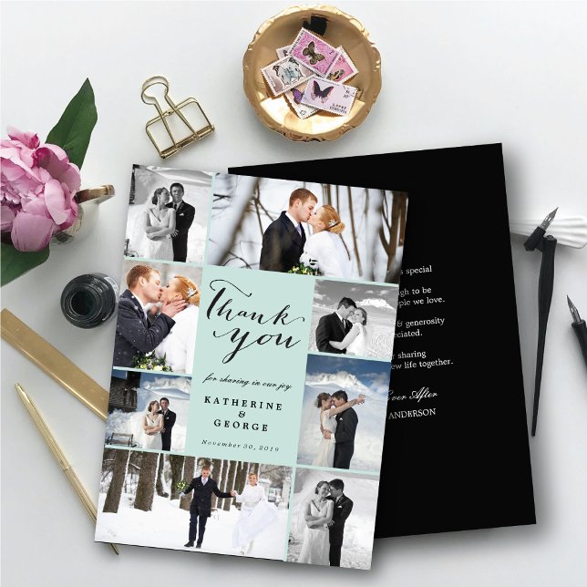 Cartão De Agradecimento Casamento com Na moda de Multifoto do Script Moder (Modern Classy Script 8 Multi Photo Collage Stylish Wedding Thank You Card @ fatfatin_blue_knot)