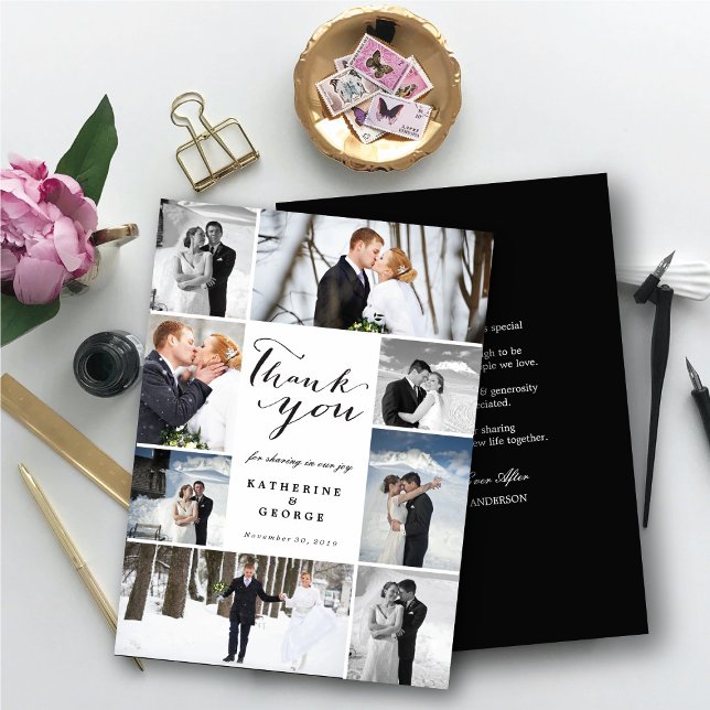 Cartão De Agradecimento Casamento com Na moda de Multifotografias do Scrip (Modern Classy Script 8 Multi Photo Collage Stylish Wedding Thank You Card @ fatfatin_blue_knot)