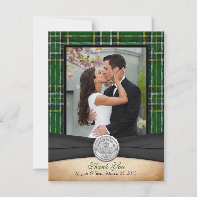 Cartão De Agradecimento Casamento com o irlandês Tartan Celtic Claddagh Ob (Frente)
