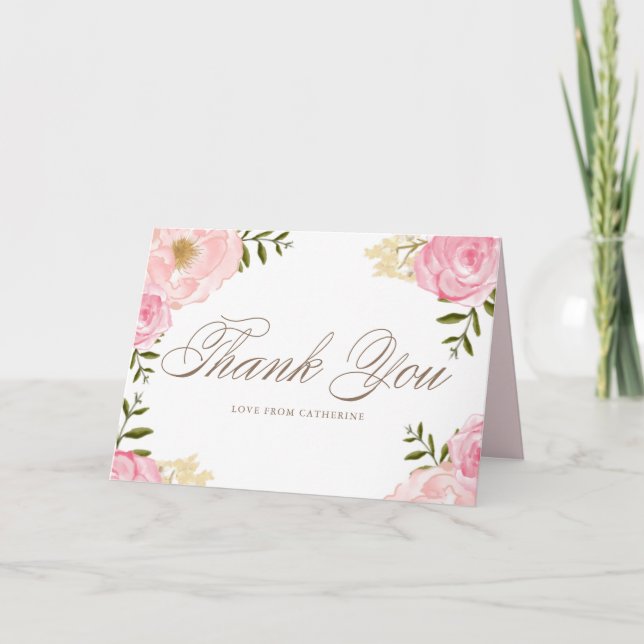 Cartão De Agradecimento Casamento com Peônias e Rosas em Aquarela Rosa Rom (Frente)