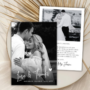 Cartão De Agradecimento Casamento com Script Coração de Amor em Foto Preto