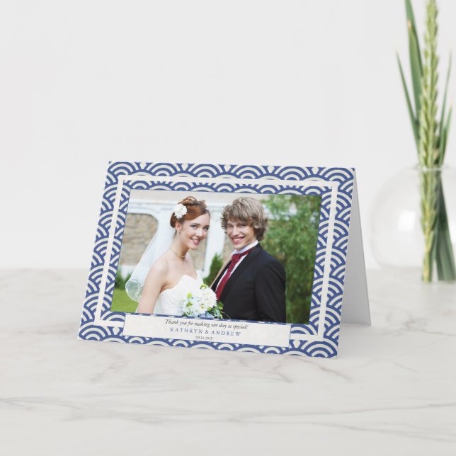 Cartão De Agradecimento Casamento com Seigaiha Japonês Obrigado/Texto Pers (Frente)