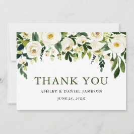 Cartão De Agradecimento Casamento com vegetação floral branco de aquarela