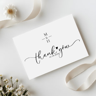 Cartão De Agradecimento Casamento Coração Script Monograma Minimalista Mod