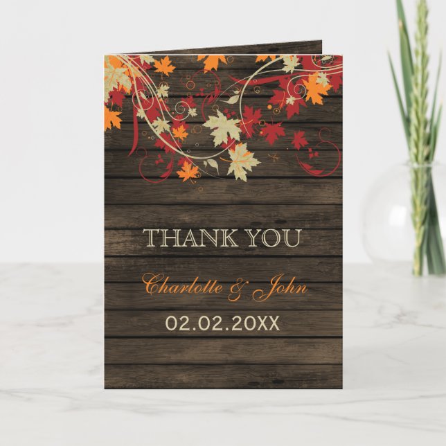 Cartão De Agradecimento Casamento Da Bela Madeira Rustic Fall Sai Obrigado (Frente)