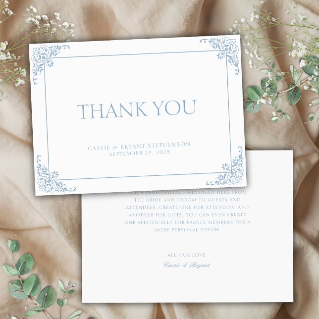 Cartão De Agradecimento Casamento da Era da Regência Branca e Azul Elegant (elegant blue and white wedding thank you cards with personalize message on chic vintage border)