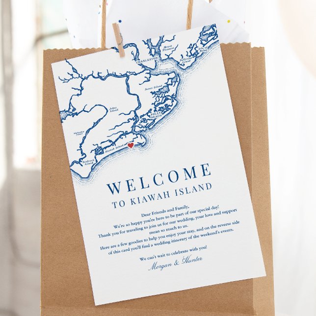 Cartão De Agradecimento Casamento da Ilha de Kiawah Boas-vindas Marinho az (Kiawah Island SC Map Weekend Events Itinerary Schedule Welcome Letter in elegant navy blue)
