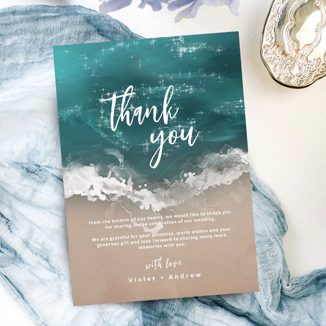 Cartão De Agradecimento casamento da praia do oceano abstrato cintilante (Abstract sparkling moody ocean beach wedding thank you card)