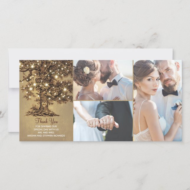 Cartão De Agradecimento Casamento Das Luzes Da Árvore De Oak Rustic Obriga (Frente)