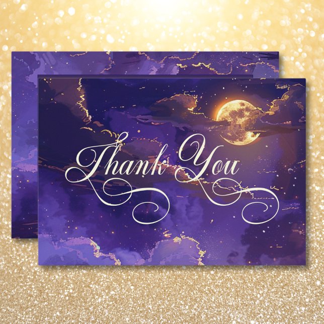 Cartão De Agradecimento Casamento das Nuvens Luminosas Douradas e Puras Es (Dark Moody Purple & Gold Moonlit Clouds Wedding Thank You Card)