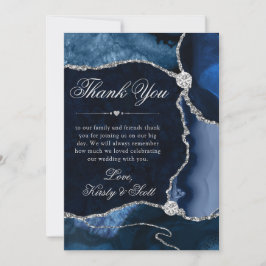 Cartão De Agradecimento Casamento de Ágata Azul e Brilho Prateado Elegante