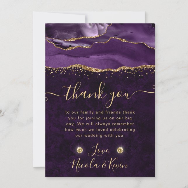Cartão De Agradecimento Casamento de Ágata Brilhante Roxo e Dourado (Frente)