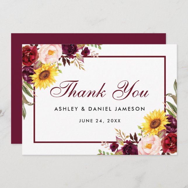 Cartão De Agradecimento Casamento de Água-Marinha Floral Burgundy (Frente/Verso)